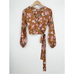 WAYF Floral Satin Wrap Blouse Surplice V-Neck Long Balloon Sleeve Top size M